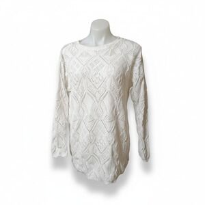 Beldoch Popper Vintage Women's M White Cotton Diamond  Cable Knit Sweater‎